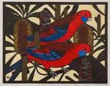 Leslie van der Sluys, Crimson Rosellas and Coastal Banksia, 1982, linocut 5/90