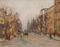 George Colville, Melbourne Street Scene, 1950, oil on board