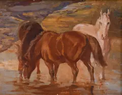 Clewin Harcourt, White and Chestnut Stallions on the Shoreline, oil on board