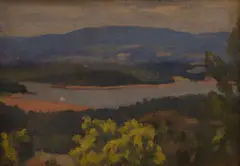 Silvan Dam by Aileen Dent, oil on canvasboard, laid on board, sold Oct 2017