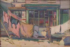 Constance Winifred Honey, London Shopfront, oil on wood
