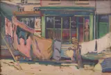 Constance Winifred Honey, London Shopfront, oil on wood