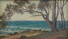 Bertha Merfield, Beach Scene, oil on board