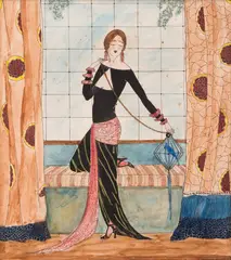 Phyllis McLachlan, Untitled (Woman with a Blue Cockatiel), c.1930, watercolour and ink