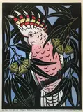 Leslie van der Sluys, Major Mitchell Cockatoo and Malee Gum, 1983, handcoloured linocut 42/90