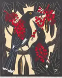 Leslie van der Sluys, Currawongs and Ilawarra Flame-Trees, 1983, handcoloured linocut 77/90