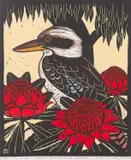 Leslie van der Sluys, Laughing Kookaburra and Waratah, 1982, handcoloured linocut 9/90