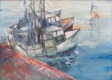 Blue Water Boats Southport QLD by Hugh Sawrey, oil on canvas, sold Sep 2017