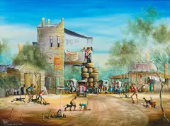 Max Mannix, Saturday Morning in Town, oil on board