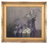 John Samuel Loxton, Still Life with Purple Flowers, oil on canvas