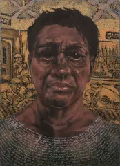 Julie Dowling, Nyungar Steve, 2000, acrylic, red ochre, and mixed media on canvas
