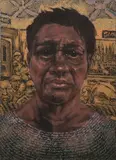 Julie Dowling, Nyungar Steve, 2000, acrylic, red ochre, and mixed media on canvas