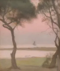 Clarice Beckett, Yacht at Sunset, c.1928, oil on board