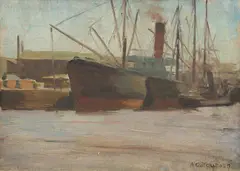 Alexander Colquhoun, Docked Boats, oil on canvasboard