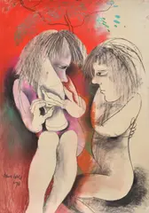 Anne Hall, Two Female Nudes Under A Tree, 1978, pastel on paper