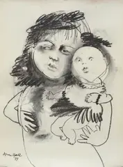 Anne Hall, Portrait of A Woman Holding A Baby, 1977, charcoal on paper