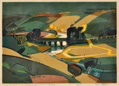 Kenneth Jack, Seven Bridges over the Maribynong No.4, Bulla, linocut