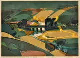 Kenneth Jack, Seven Bridges over the Maribynong No.4, Bulla, linocut