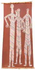 Jacky Atjarral, Three Mimis, natural earth pigments on eucalyptus bark