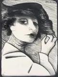 Charles Blackman, Woman With Hat, charcoal