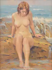 At the Rockpool by Max Middleton, oil on canvas on board, sold Nov 2016