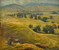 Hilly Landscape by Murray Griffin, 1948, oil on wood panel, sold Nov 2016