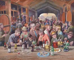 Robert Young, Wine Party, oil on canvas on board