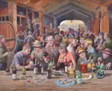 Robert Young, Wine Party, oil on canvas on board
