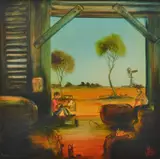 Smoko at the Woolshed by Pro Hart, oil on board, sold Nov 2016