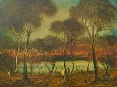Yabbie Picnic by Pro Hart, oil on board, sold Nov 2016
