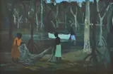 Islanders Netting, Mangrove Swamp, Cairns by Ray Crooke, oil on board, sold Nov 2016