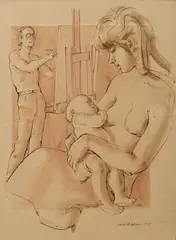 Louis Kahan, Self Portrait with Mother and Child, 1977, ink and wash on paper