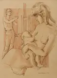 Louis Kahan, Self Portrait with Mother and Child, 1977, ink and wash on paper