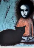 Robert Dickerson, Girl with Cat, lithograph 27/30