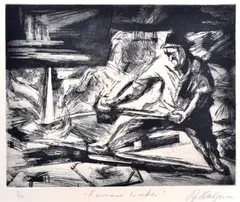 Roy Dalgarno, Furnance Worker c., 1950, etching and engraving, black ink, platemark, ed.7/50