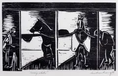Racing by Ian Armstrong, 1988, linocut, sold Aug 2016