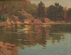 Waterfront by Erik Langker, oil on canvas on board, sold Oct 2016
