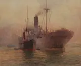 Fred Elliott, Coaling a Transport, watercolour on paper
