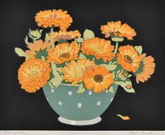 Marigolds by Hall Thorpe, linocut, sold May 2016
