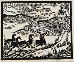Charles Bannon, Horses in the Dunes, linocut 5/20
