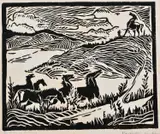 Charles Bannon, Horses in the Dunes, linocut 5/20