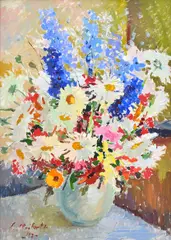 Ludmilla Meillerts, Mixed Bunch with Delphiniums, 1947, oil on card