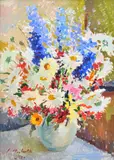 Ludmilla Meillerts, Mixed Bunch with Delphiniums, 1947, oil on card