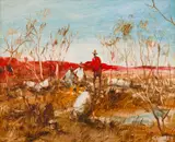 The Artist's Camp, Diamantina River, Western QLD by Hugh Sawrey, oil on board, sold Sep 2016