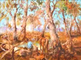 Dawdling Along the Stock Route, Condamine River, QLD by Hugh Sawrey, oil on canvas, sold Sep 2016