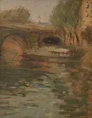 Barge Passing Under A Bridge by Elizabeth Dickson Gibson, oil on panel, sold Jun 2016