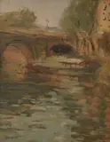 Elizabeth Dickson Gibson, Barge Passing Under A Bridge, oil on panel