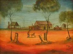 A Man with a Wheelbarrow by Pro Hart, oil on canvas, sold Jun 2016