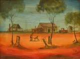 Pro Hart, A Man with a Wheelbarrow, oil on canvas