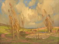 Rose Lowcay, Riverscape with Cows, oil on canvas